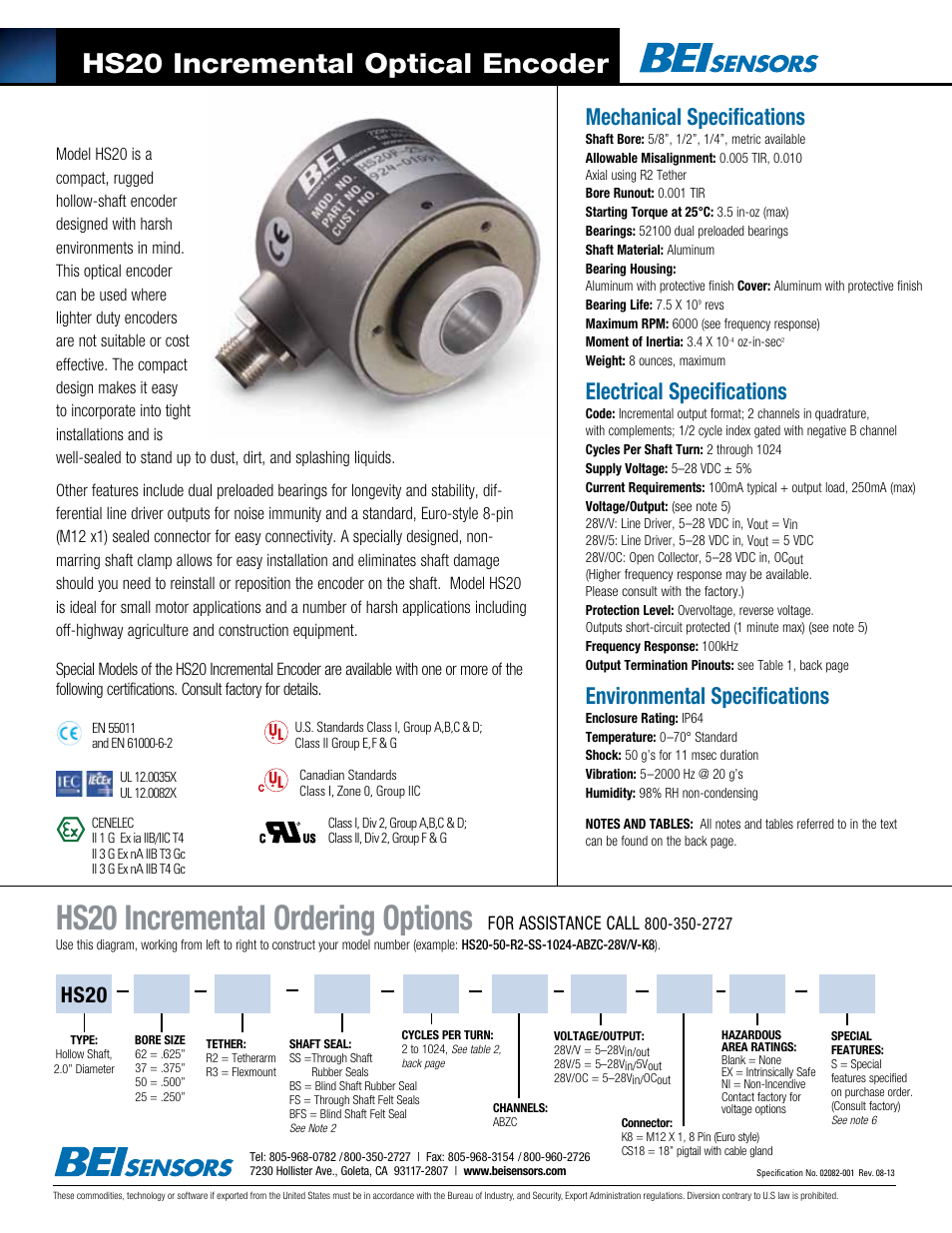 BEI Sensors HS20 Incremental Hollow Shaft Encoder User Manual | 2 pages