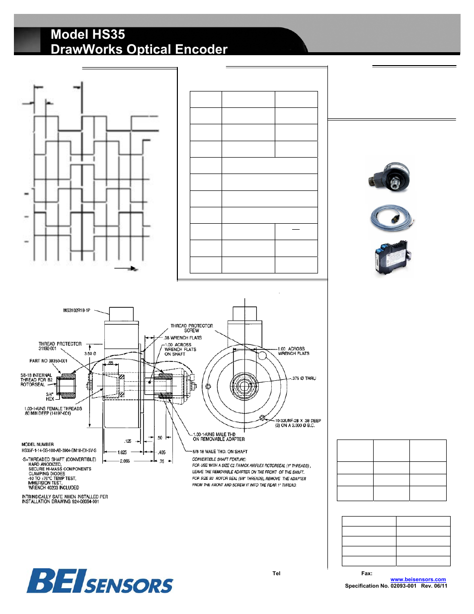 Model hs35, Drawworks optical encoder, Figure 1 | Hs35 drawworks dimensions table 1, All from one source | BEI Sensors HS35 Incremental Drawworks Encoder User Manual | Page 2 / 2