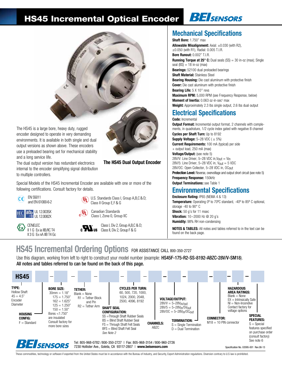 BEI Sensors HS45 Incremental Heavy Duty Encoder User Manual | 2 pages