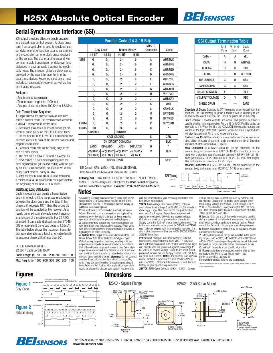 H25x absolute optical encoder, Serial synchronous interface (ssi), Figures dimensions | Figure 1, Figure 2, Ssi output termination table, Parallel code (14 & 15 bit), Features, Data transmission sequence, Interfacing long data lines | BEI Sensors H25X Absolute Shaft Encoder User Manual | Page 2 / 2