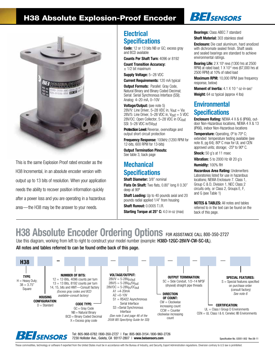 BEI Sensors H38 Absolute Explosion Proof Encoder User Manual | 2 pages