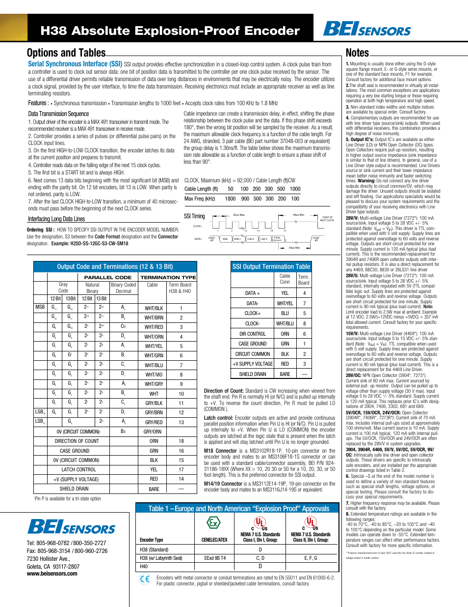 H38 absolute explosion-proof encoder, Serial synchronous interface (ssi), Features | Data transmission sequence, Interfacing long data lines, Output code and terminations (12 & 13 bit), Ssi output termination table, Ssi timing, Synchronous transmission, Transmission lengths to 1000 feet | BEI Sensors H38 Absolute Explosion Proof Encoder User Manual | Page 2 / 2