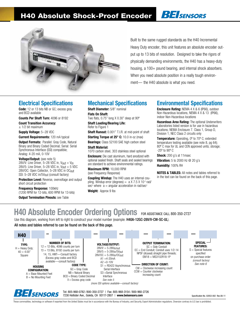 BEI Sensors H40 Absolute Shock Proof Encoder User Manual | 2 pages