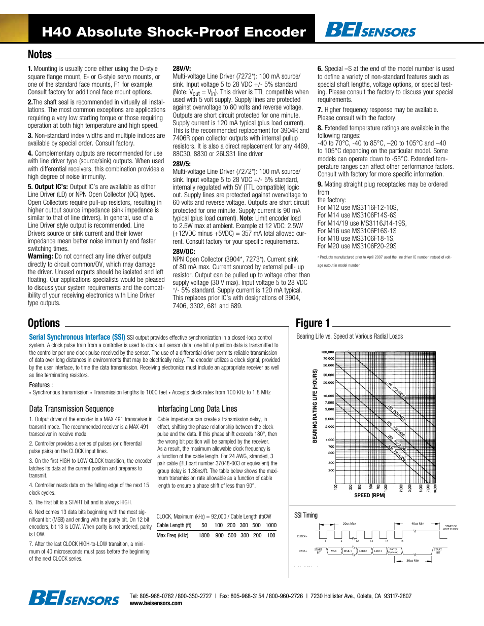 H40 absolute shock-proof encoder, Data transmission sequence, Interfacing long data lines | Serial synchronous interface (ssi), Bearing life vs. speed at various radial loads, Features, Ssi timing | BEI Sensors H40 Absolute Shock Proof Encoder User Manual | Page 2 / 2