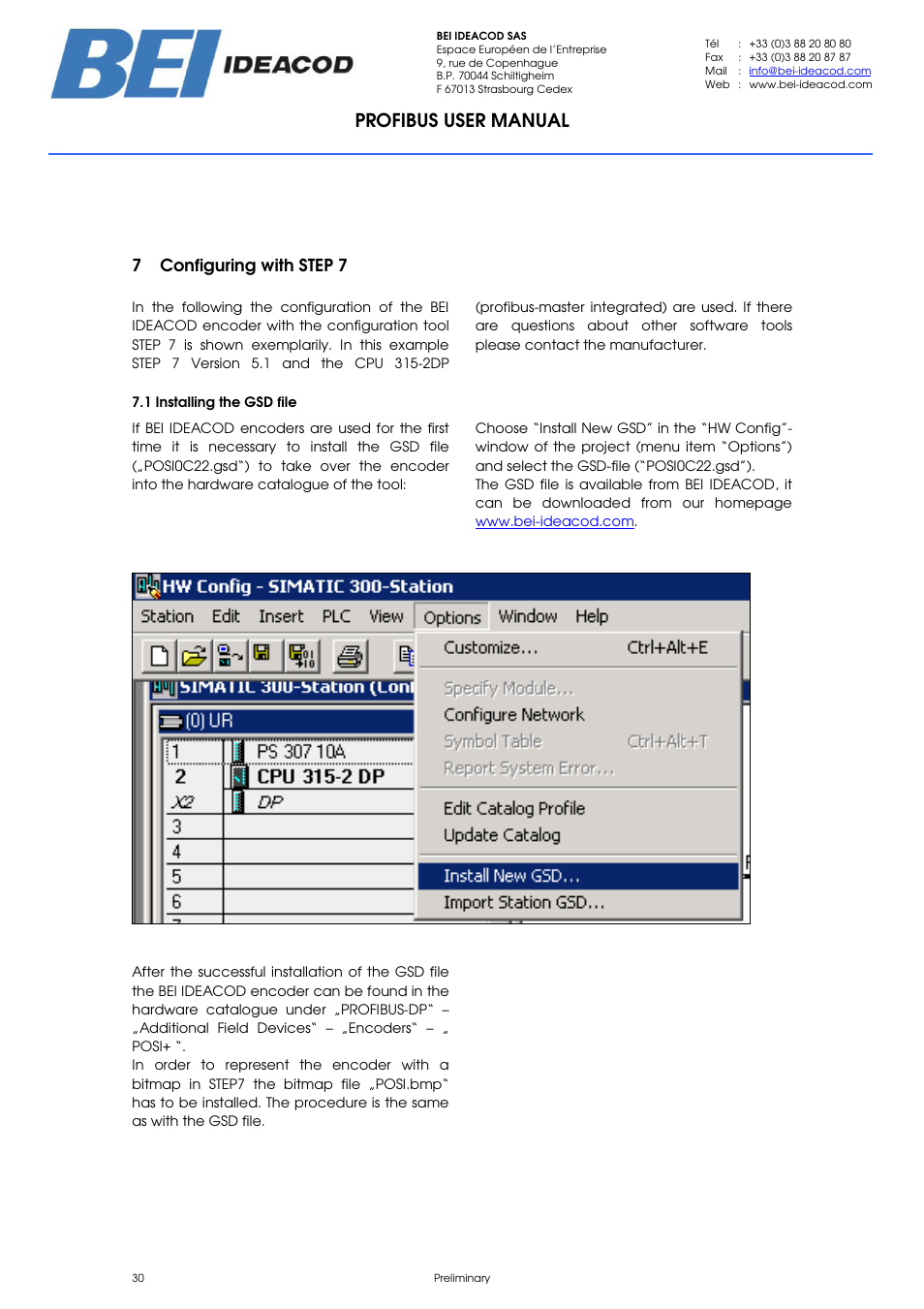 Profibus user manual, 7 configuring with step 7 | BEI Sensors PHU9 Absolute Hollow Shaft Encoder User Manual | Page 30 / 39