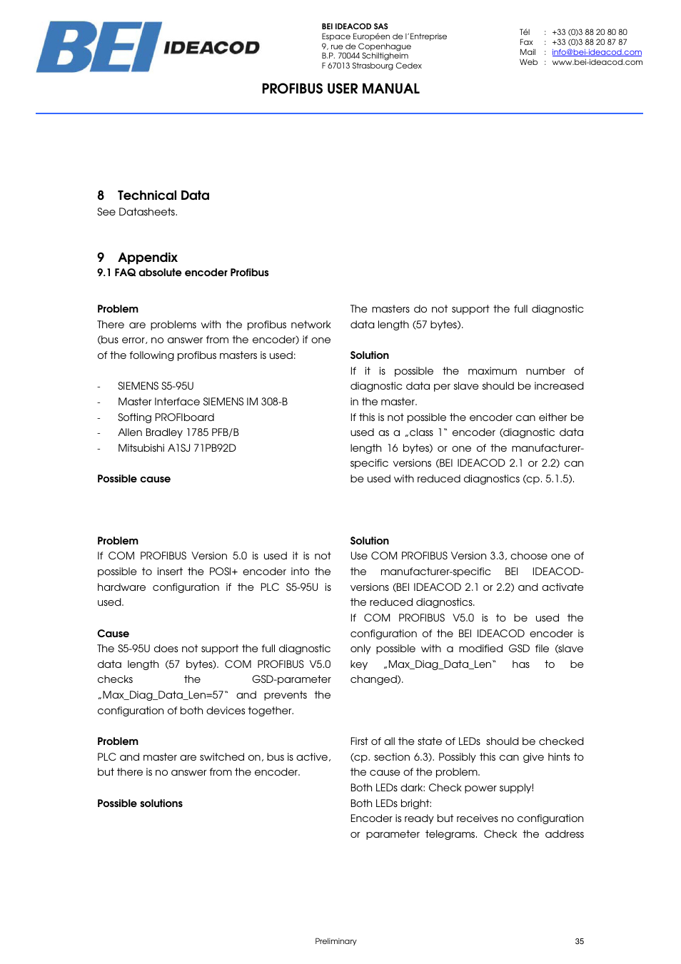Profibus user manual, 8 technical data, 9 appendix | BEI Sensors PHU9 Absolute Hollow Shaft Encoder User Manual | Page 35 / 39