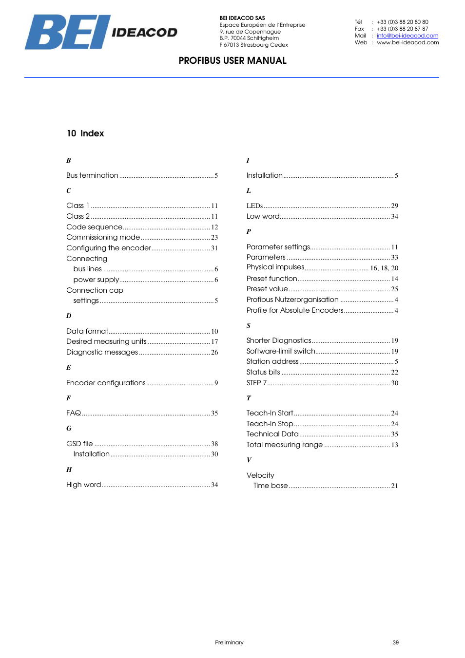 Profibus user manual, 10 index | BEI Sensors PHU9 Absolute Hollow Shaft Encoder User Manual | Page 39 / 39