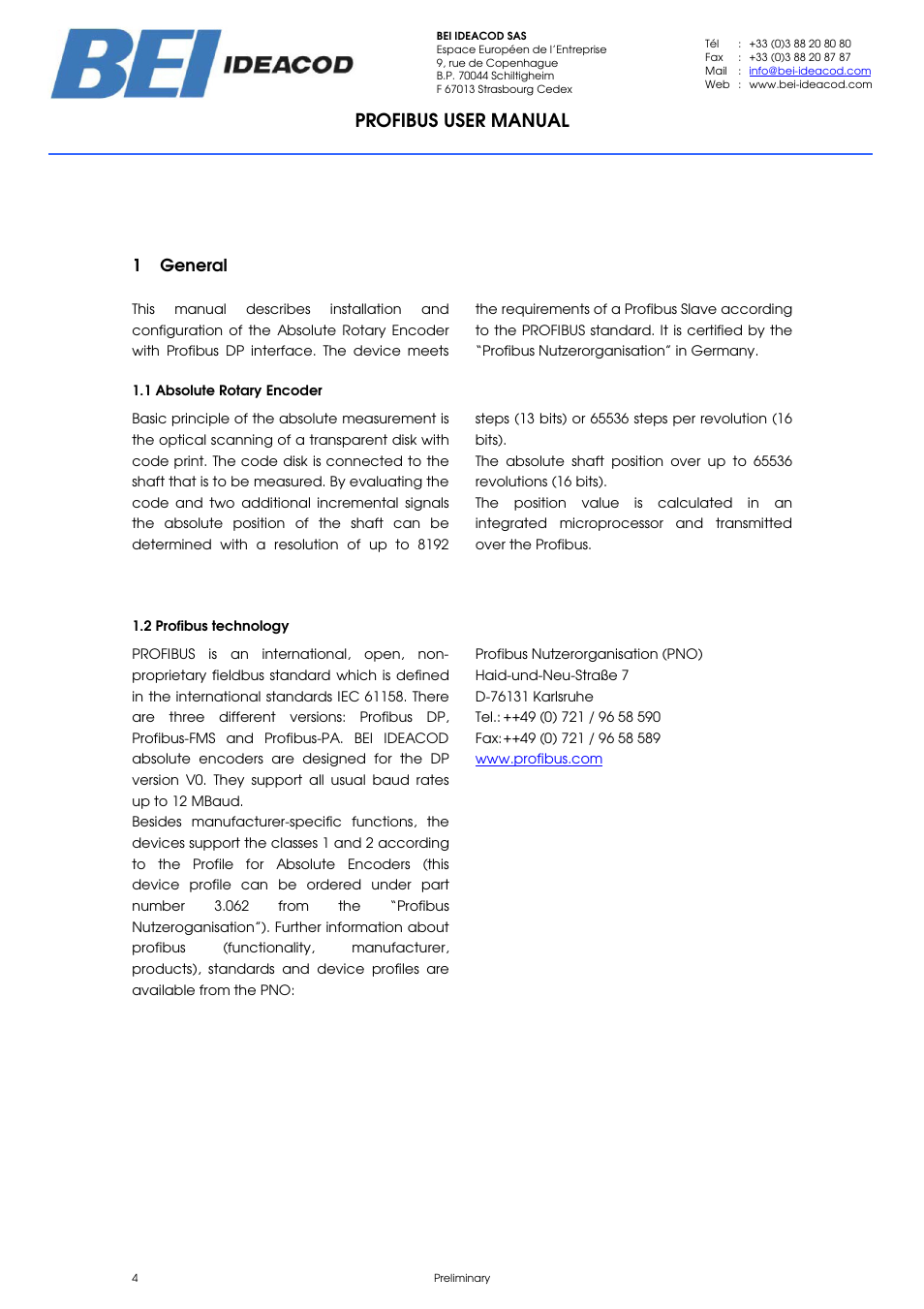 Profibus user manual, 1 general | BEI Sensors PHU9 Absolute Hollow Shaft Encoder User Manual | Page 4 / 39