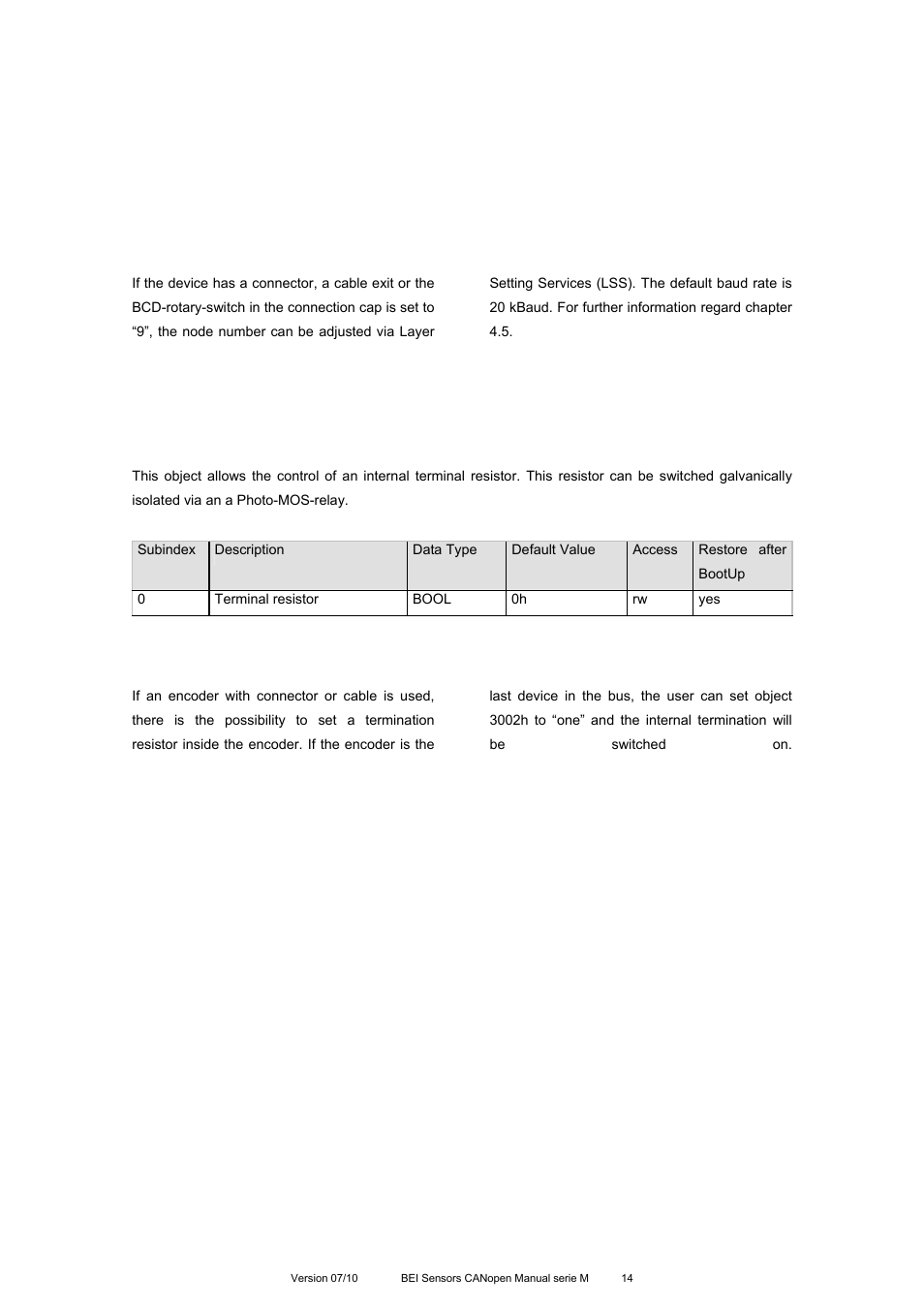 4 switching the integrated bus terminal resistor, Object 3002h: terminal resistor | BEI Sensors MHK5 Absolute Hollow Shaft Encoder User Manual | Page 14 / 77