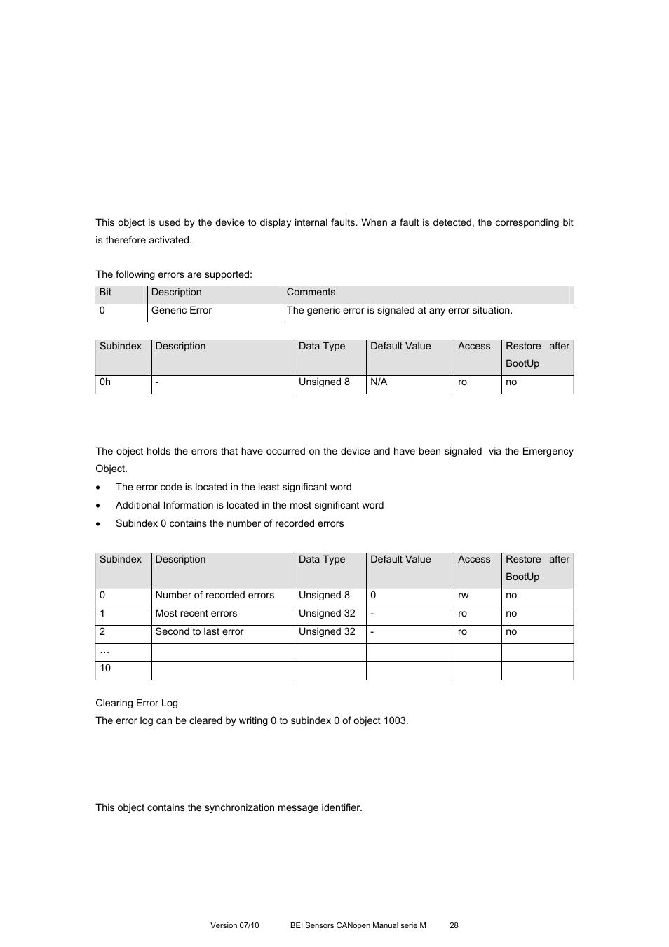 Object 1001h: error register, Object 1003h: pre-defined error field, Object 1005h: cob-id sync | BEI Sensors MHK5 Absolute Hollow Shaft Encoder User Manual | Page 28 / 77