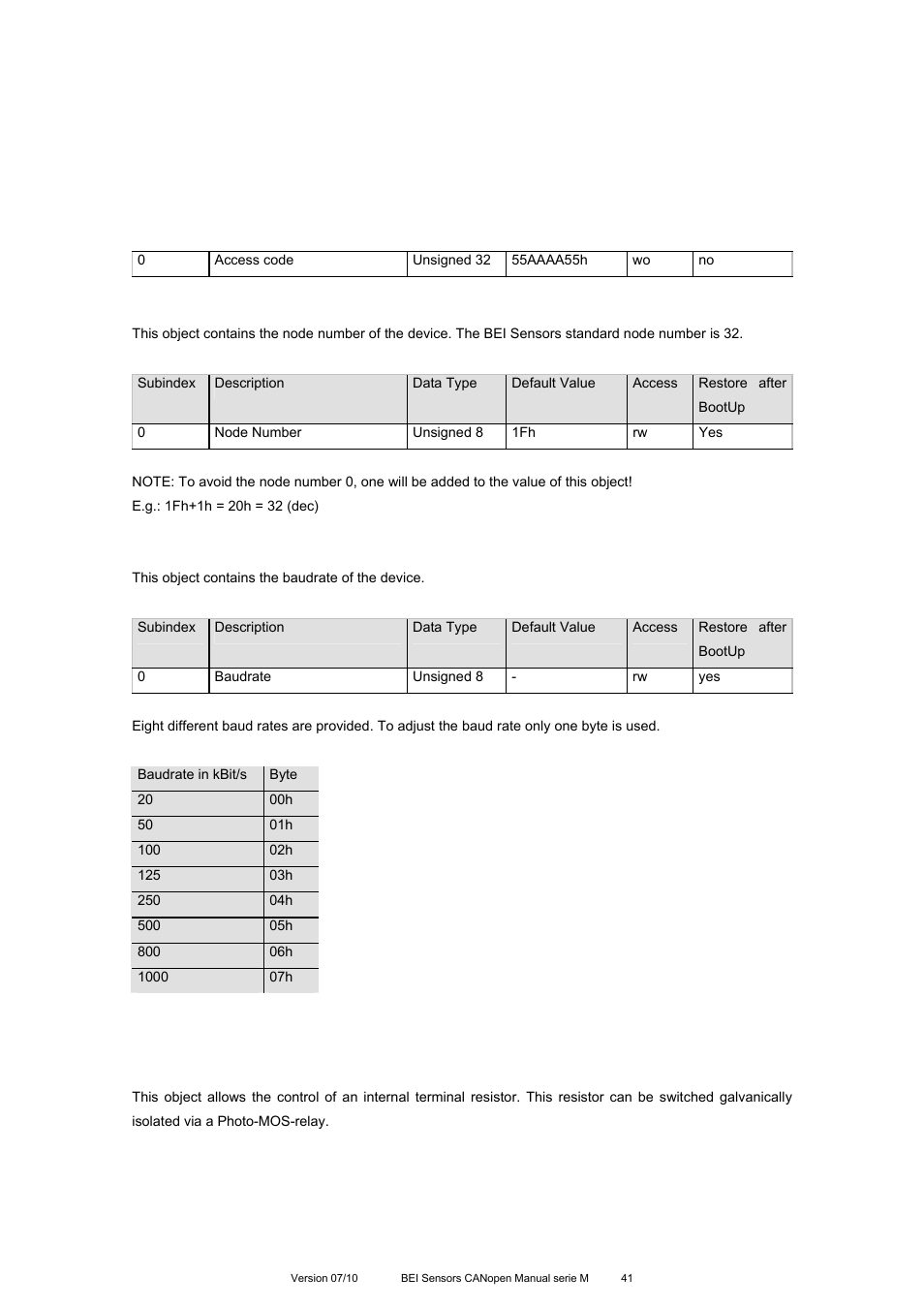 Object 3000h: node number, Object 3001h: baudrate, Object 3002h: terminal resistor | BEI Sensors MHK5 Absolute Hollow Shaft Encoder User Manual | Page 41 / 77