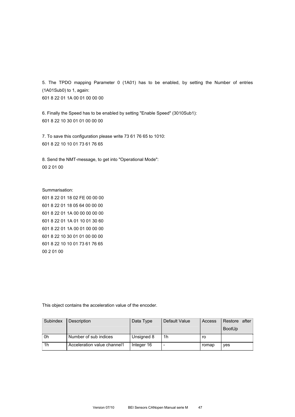 Object 6040h: acceleration value | BEI Sensors MHK5 Absolute Hollow Shaft Encoder User Manual | Page 47 / 77