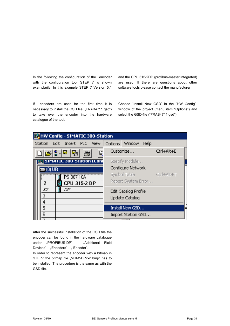 7 configuring with step 7, 1 installing the gsd file, Configuring with step 7 | BEI Sensors MHK5 Absolute Hollow Shaft Encoder User Manual | Page 31 / 48