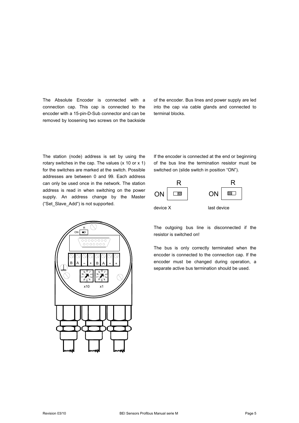 2 installation, 1 settings in the connection cap, 1 station address | 2 bus termination, Installation, On r | BEI Sensors MHK5 Absolute Hollow Shaft Encoder User Manual | Page 5 / 48