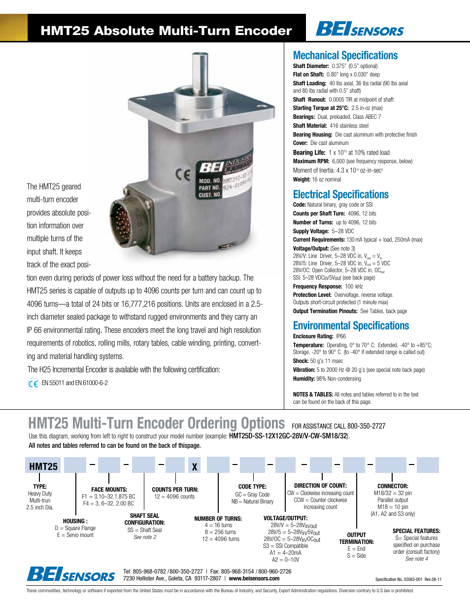 BEI Sensors HMT25 Absolute Multi-Turn Encoder User Manual | 2 pages