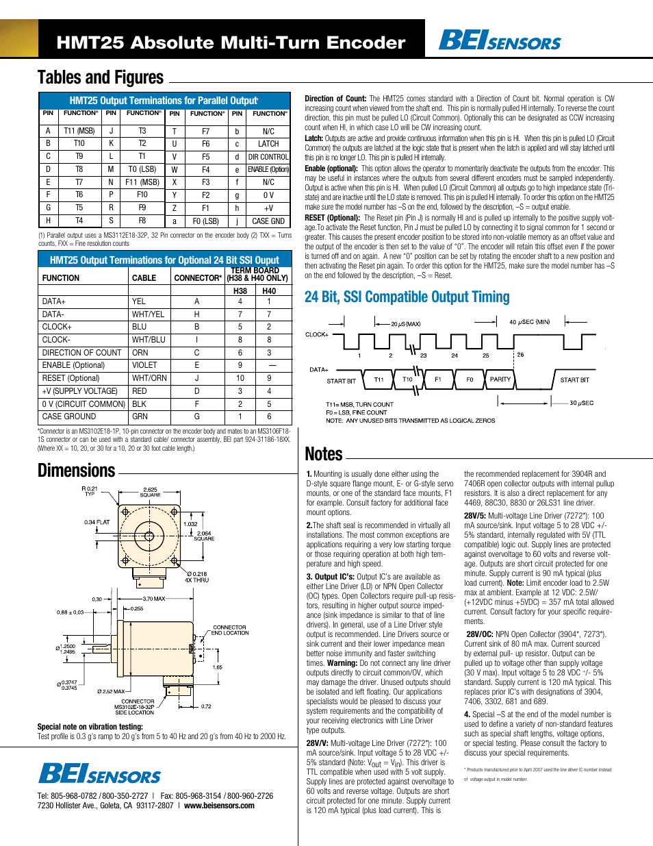 Dimensions, Hmt25 absolute multi-turn encoder, 24 bit, ssi compatible output timing | BEI Sensors HMT25 Absolute Multi-Turn Encoder User Manual | Page 2 / 2