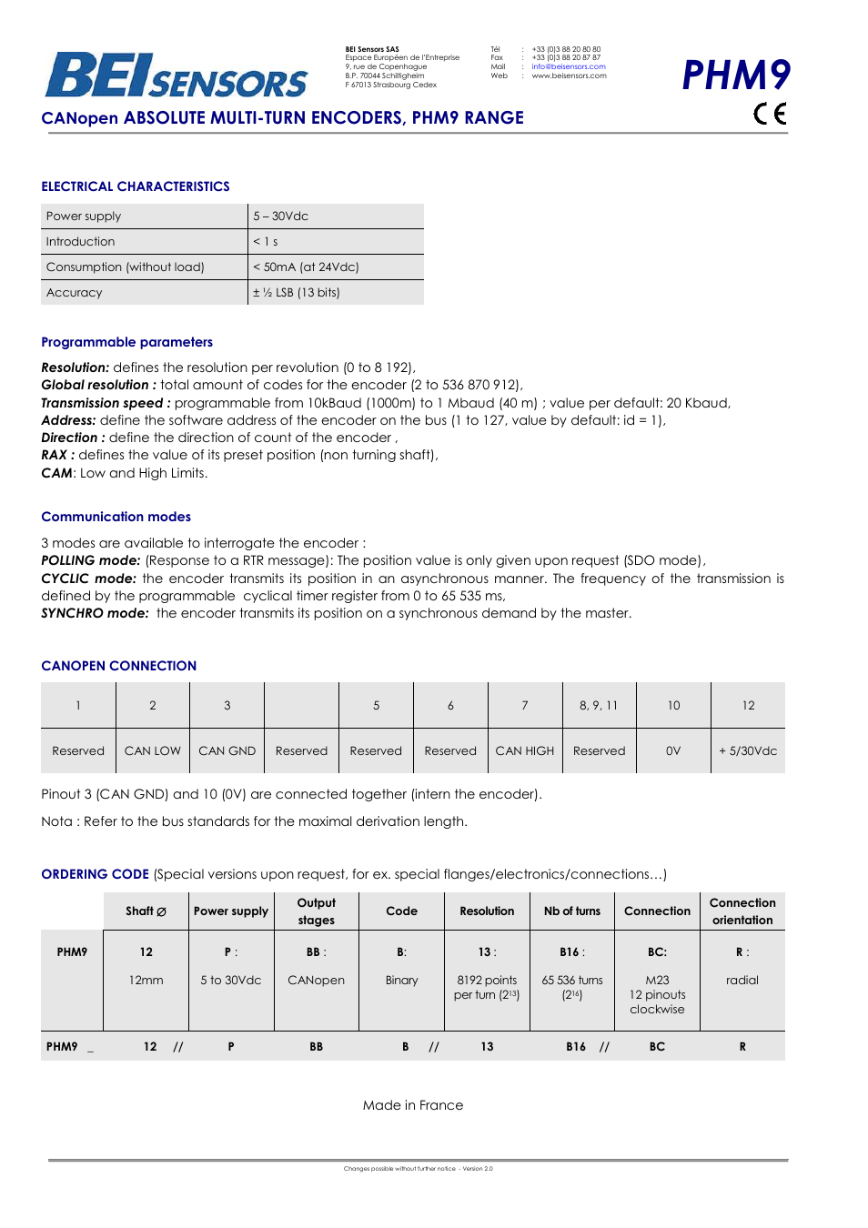 Phm9, Absolute multi-turn encoders, phm9 range, Canopen | BEI Sensors PHM9 Absolute Shaft Encoder User Manual | Page 2 / 2