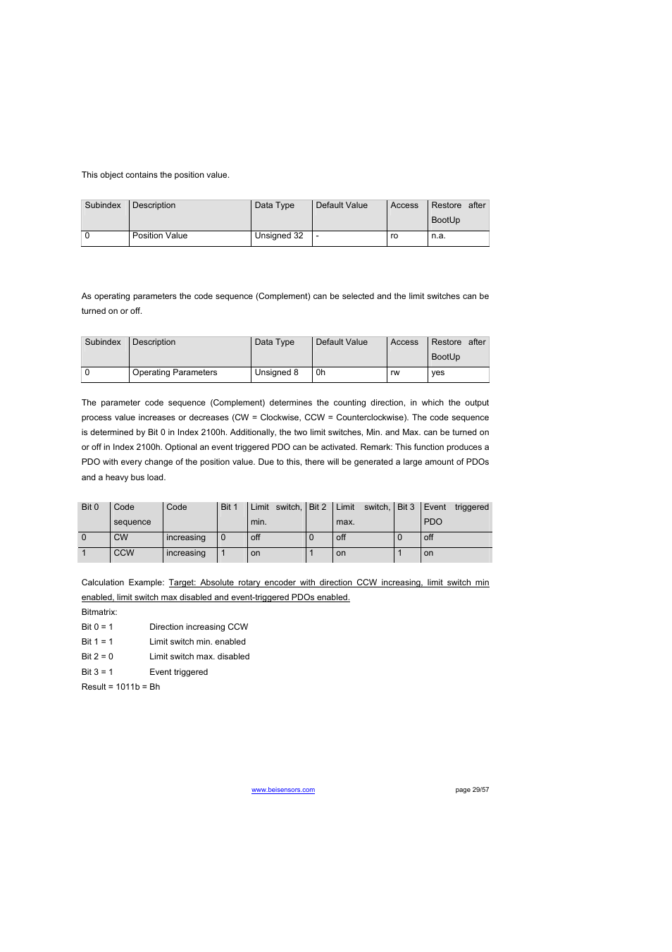 Object 2000h: position value, Object 2100h: operating parameters | BEI Sensors THK4 User Manual | Page 29 / 57