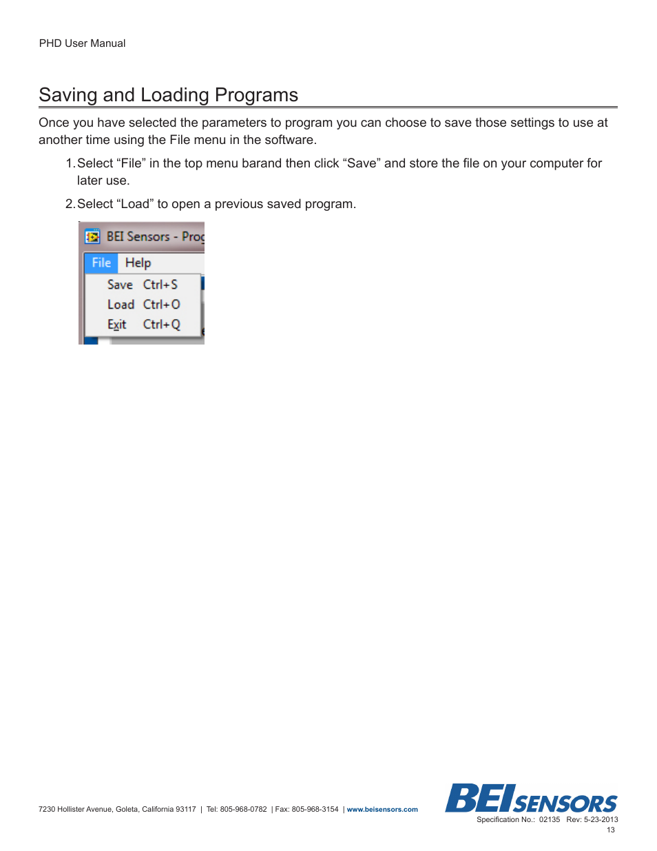 Saving and loading programs | BEI Sensors Programmable Hall Device User Manual | Page 13 / 14