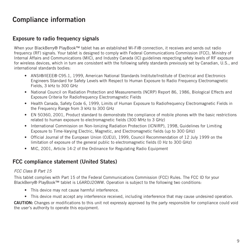 Compliance information, Exposure to radio frequency signals, Fcc compliance statement (united states) | RIM BlackBerry PlayBook tablet User Manual | Page 11 / 17