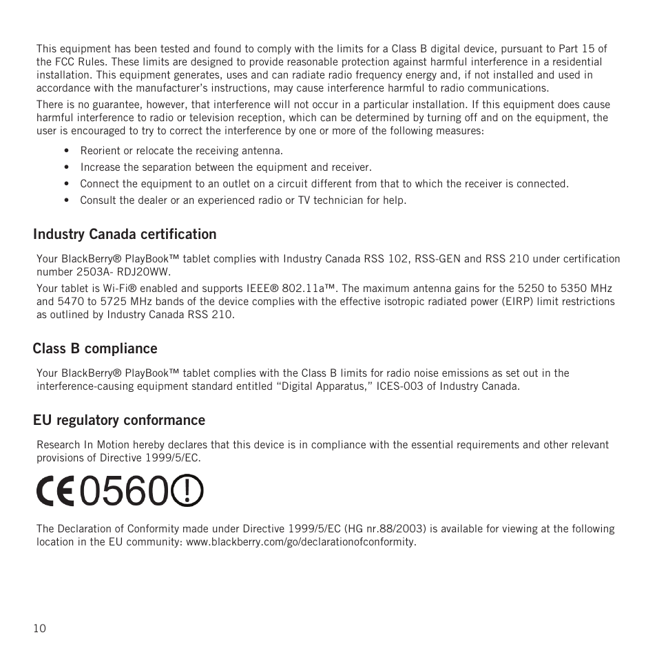 Industry canada certification, Class b compliance, Eu regulatory conformance | RIM BlackBerry PlayBook tablet User Manual | Page 12 / 17