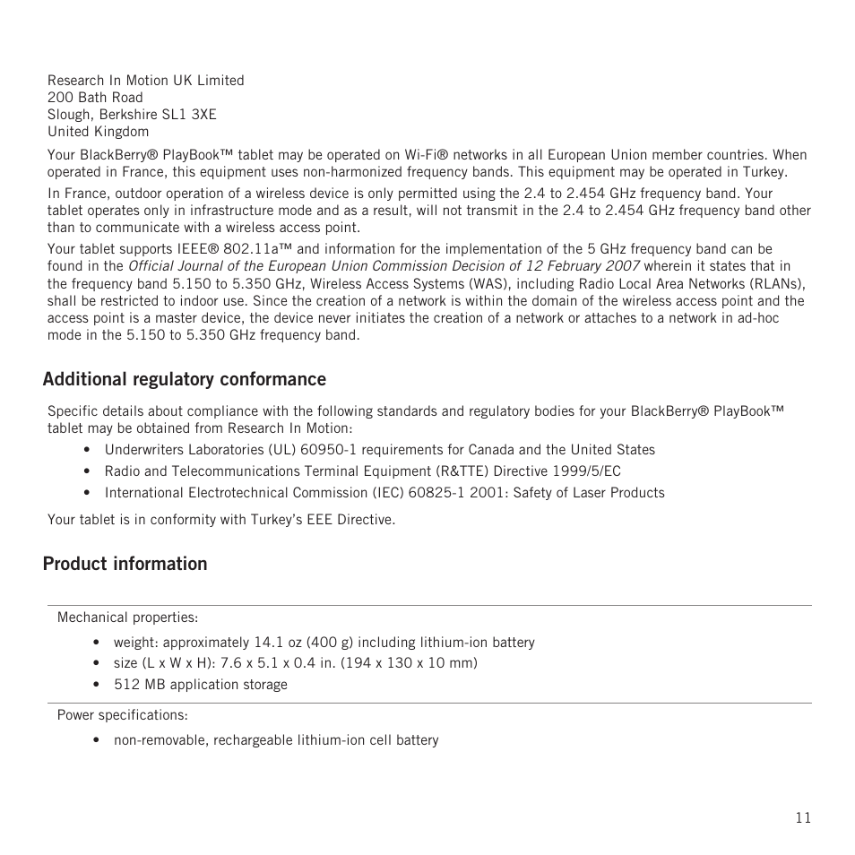 Additional regulatory conformance, Product information | RIM BlackBerry PlayBook tablet User Manual | Page 13 / 17