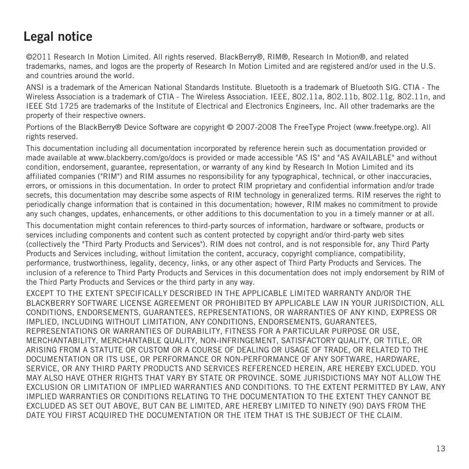 Legal notice | RIM BlackBerry PlayBook tablet User Manual | Page 15 / 17