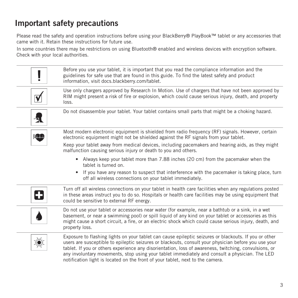 Important safety precautions | RIM BlackBerry PlayBook tablet User Manual | Page 5 / 17