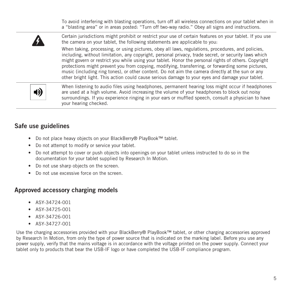 Safe use guidelines, Approved accessory charging models | RIM BlackBerry PlayBook tablet User Manual | Page 7 / 17