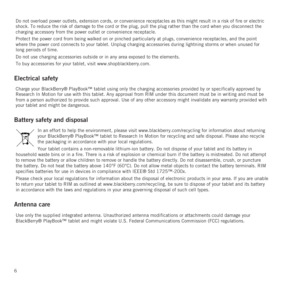 Electrical safety, Battery safety and disposal, Antenna care | RIM BlackBerry PlayBook tablet User Manual | Page 8 / 17