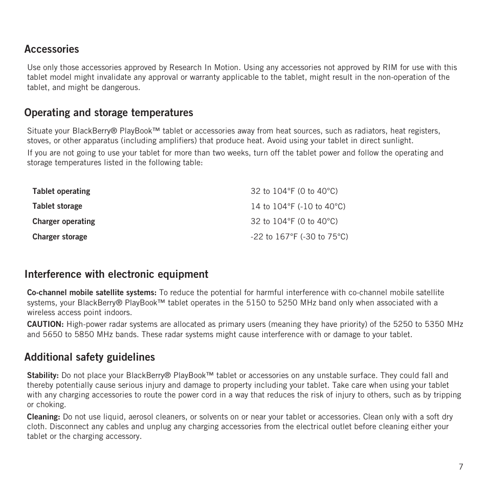 Accessories, Operating and storage temperatures, Interference with electronic equipment | Additional safety guidelines | RIM BlackBerry PlayBook tablet User Manual | Page 9 / 17