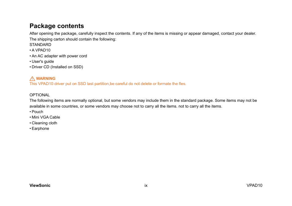 Package contents | VIEWSONIC ViewPad 10 User Manual | Page 10 / 264