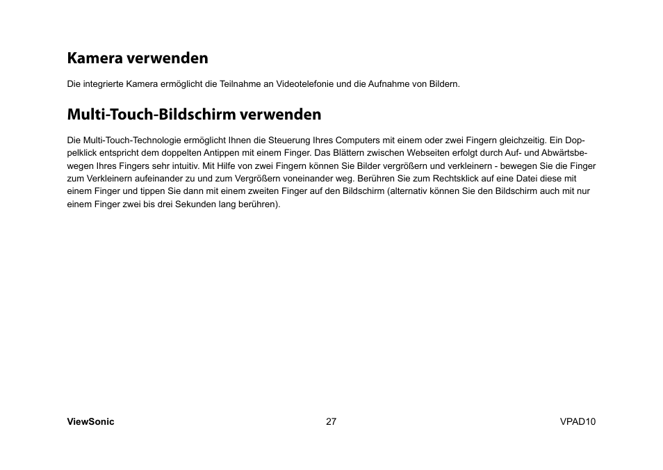Kamera verwenden, Multi-touch-bildschirm verwenden | VIEWSONIC ViewPad 10 User Manual | Page 125 / 264