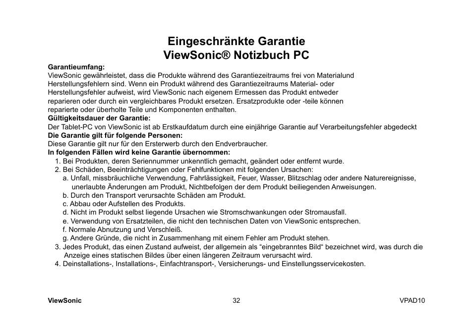 Eingeschränkte garantie viewsonic® notizbuch pc | VIEWSONIC ViewPad 10 User Manual | Page 130 / 264