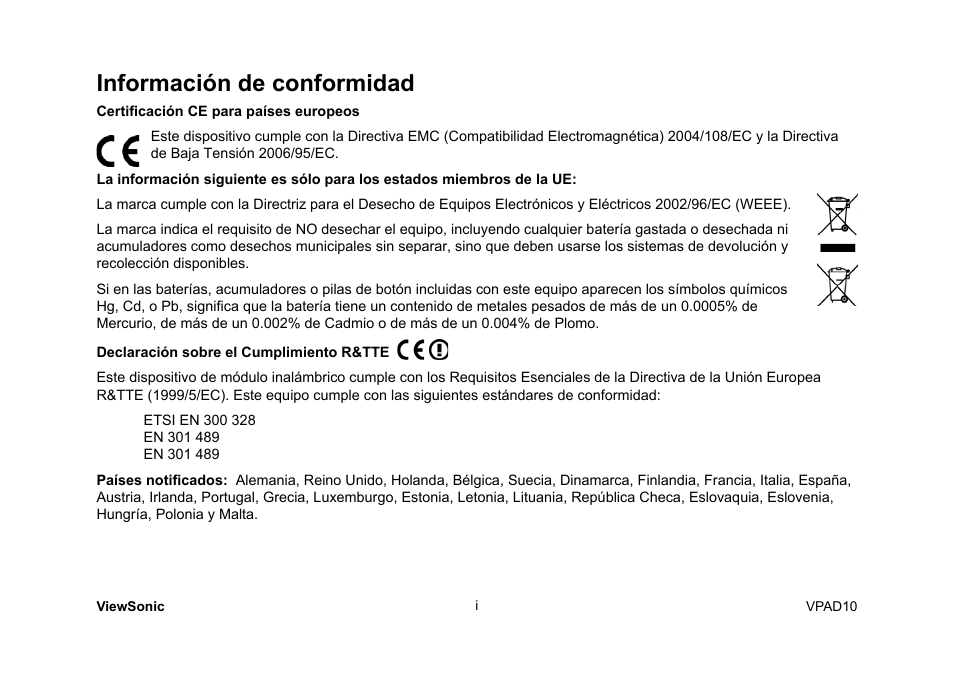 Información de conformidad | VIEWSONIC ViewPad 10 User Manual | Page 134 / 264