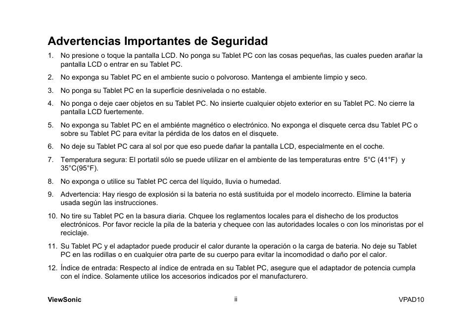 Advertencias importantes de seguridad | VIEWSONIC ViewPad 10 User Manual | Page 135 / 264