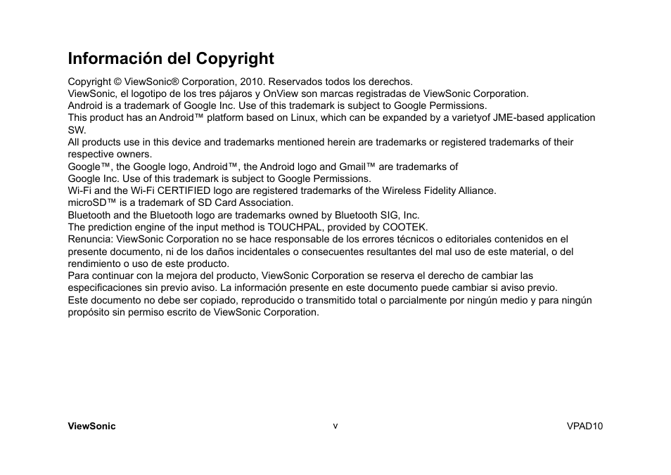 Información del copyright | VIEWSONIC ViewPad 10 User Manual | Page 138 / 264