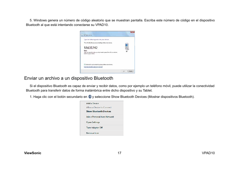 Enviar un archivo a un dispositivo bluetooth | VIEWSONIC ViewPad 10 User Manual | Page 159 / 264