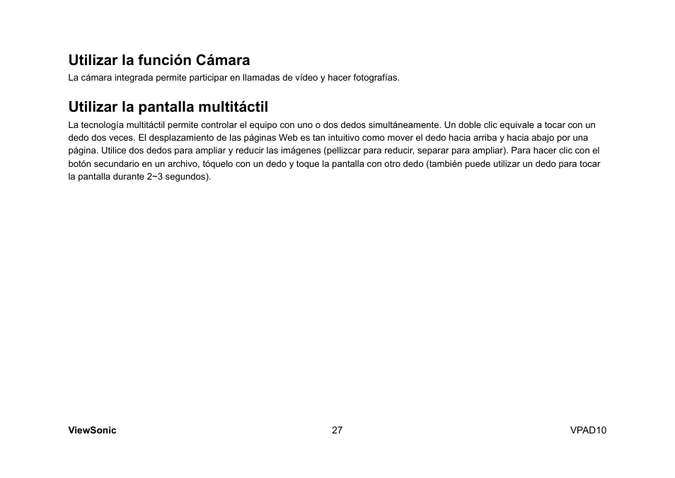 Utilizar la función cámara, Utilizar la pantalla multitáctil | VIEWSONIC ViewPad 10 User Manual | Page 169 / 264