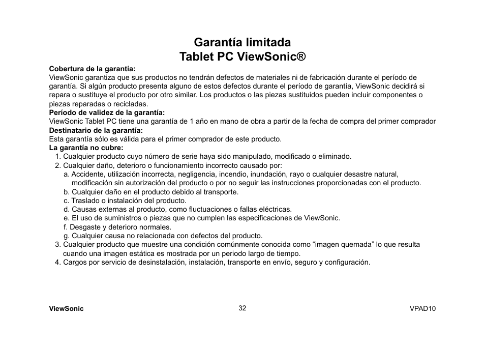 Garantía limitada tablet pc viewsonic | VIEWSONIC ViewPad 10 User Manual | Page 174 / 264