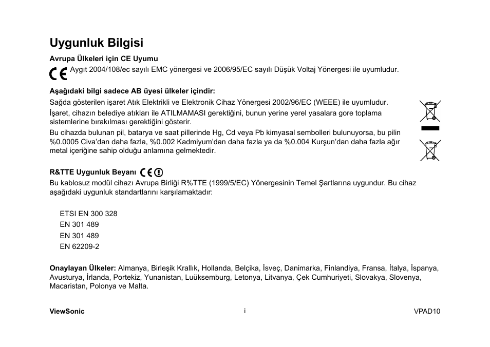 Uygunluk bilgisi | VIEWSONIC ViewPad 10 User Manual | Page 178 / 264