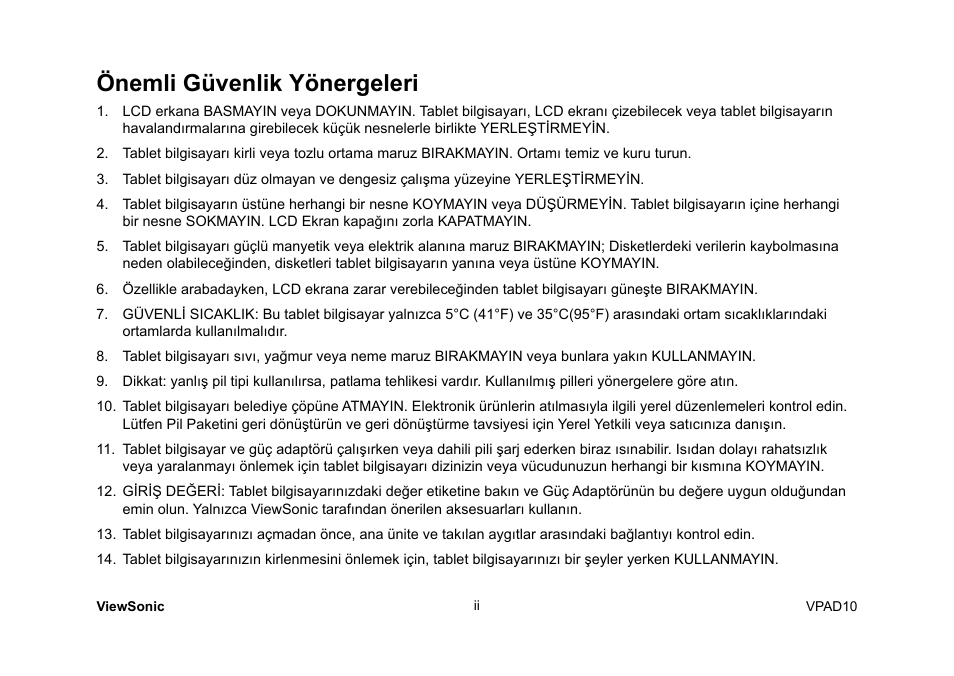 Önemli güvenlik yönergeleri | VIEWSONIC ViewPad 10 User Manual | Page 179 / 264