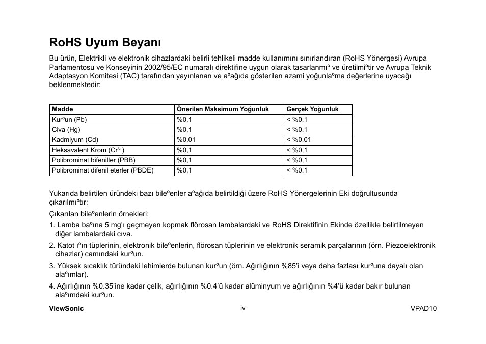 Rohs uyum beyanı | VIEWSONIC ViewPad 10 User Manual | Page 181 / 264