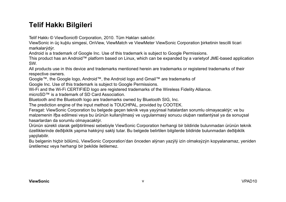 Telif hakkı bilgileri | VIEWSONIC ViewPad 10 User Manual | Page 182 / 264