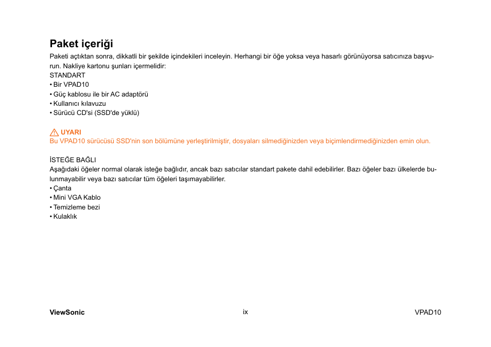 Paket içeriği | VIEWSONIC ViewPad 10 User Manual | Page 186 / 264