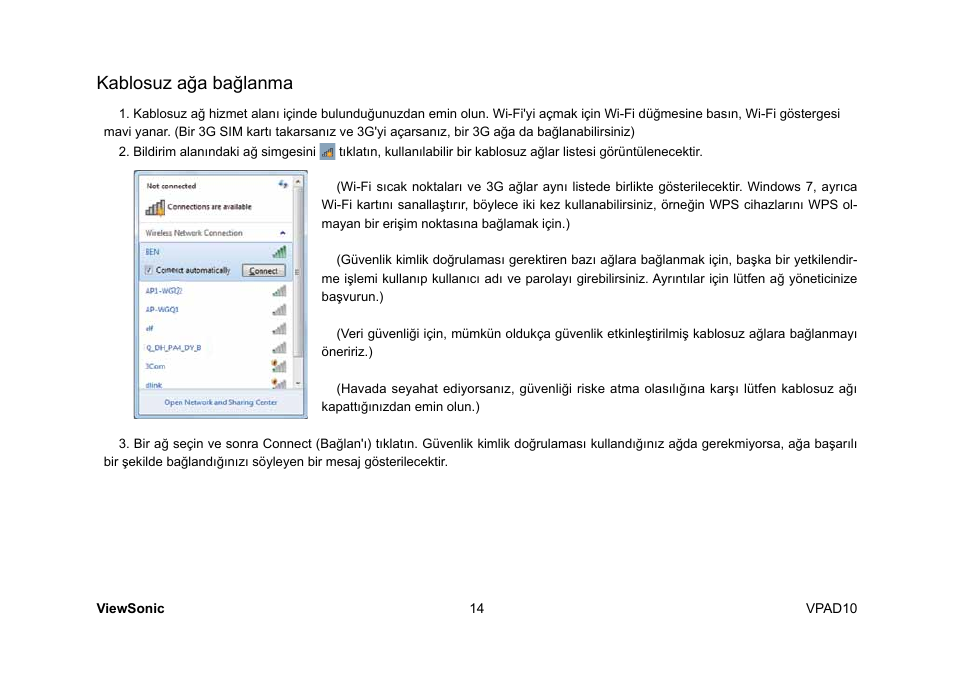 Kablosuz ağa bağlanma | VIEWSONIC ViewPad 10 User Manual | Page 200 / 264