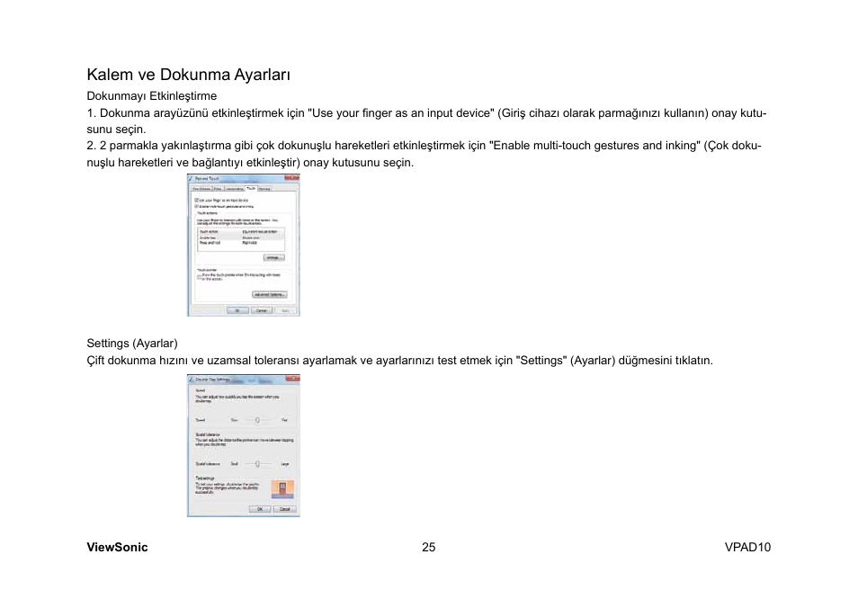 Kalem ve dokunma ayarları | VIEWSONIC ViewPad 10 User Manual | Page 211 / 264