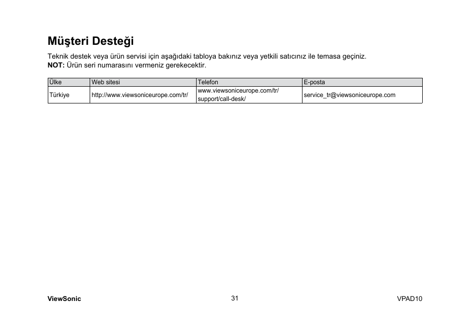 Müşteri desteği | VIEWSONIC ViewPad 10 User Manual | Page 217 / 264
