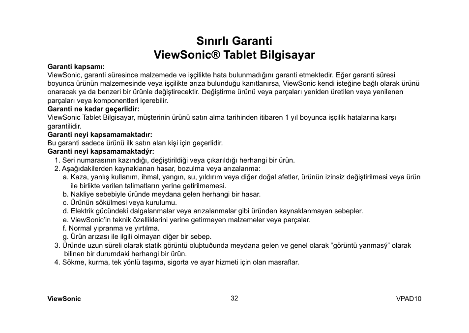 Sınırlı garanti viewsonic® tablet bilgisayar | VIEWSONIC ViewPad 10 User Manual | Page 218 / 264