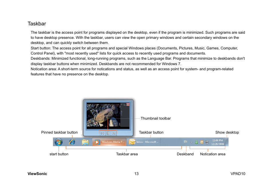 Taskbar | VIEWSONIC ViewPad 10 User Manual | Page 23 / 264